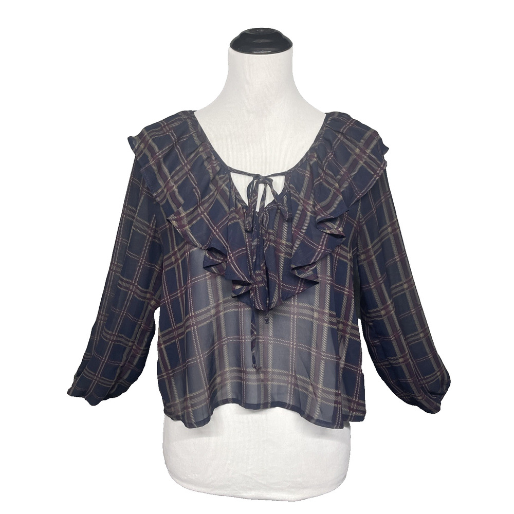 Le Lis Womens M Sheer Plaid Top V-Neck Ruffle Tie Front Navy Purple Khaki Preppy